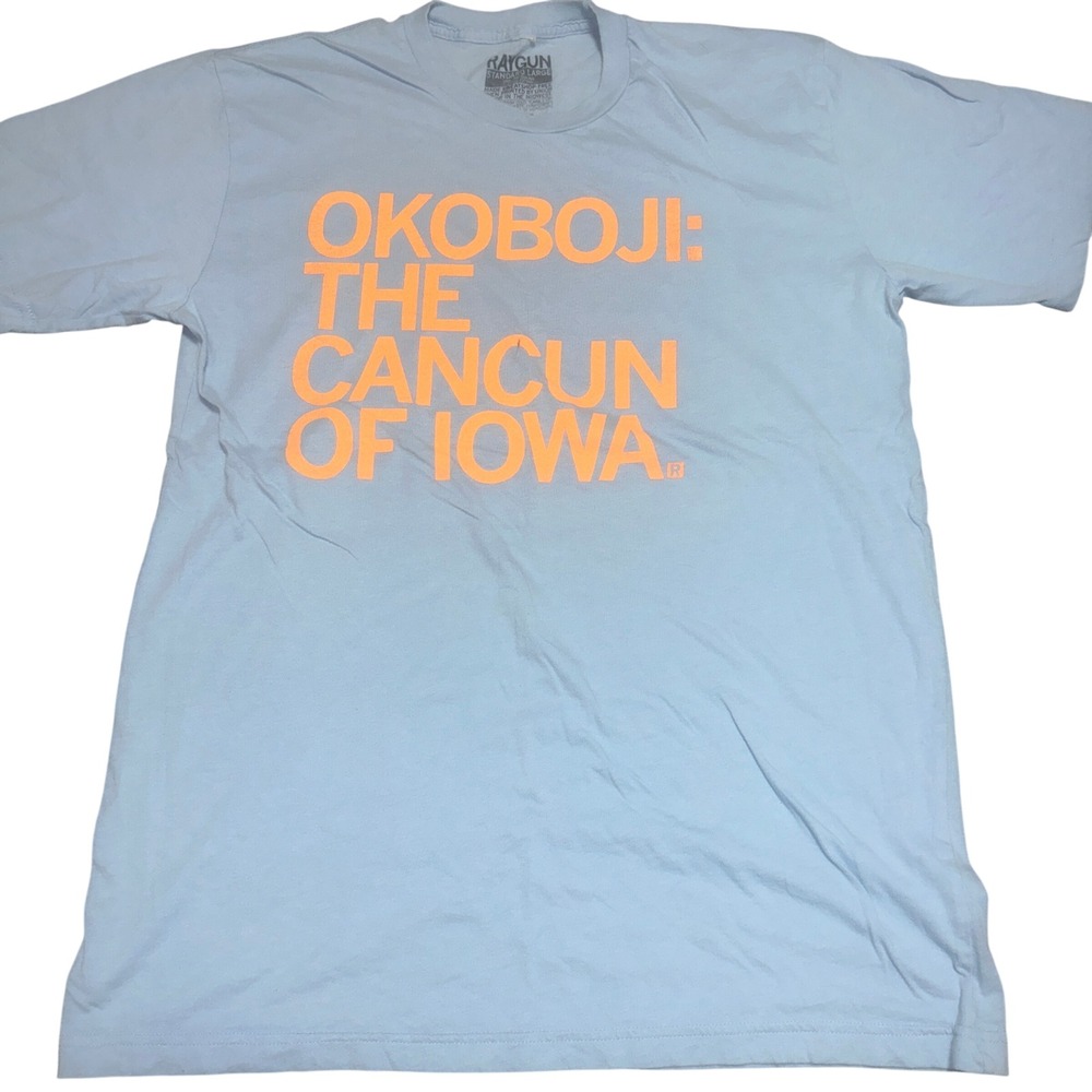 Okoboji The Cancun of Iowa T-Shirt L Mens Blue Orange Humorous Graphic Tee